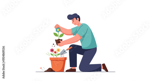 Man Transplanting Flowering Plant into Pot.