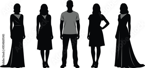 People silhouettes group showing men and women in casual and formal outfits, standing human figures collection, fashion lifestyle illustration isolated on white background