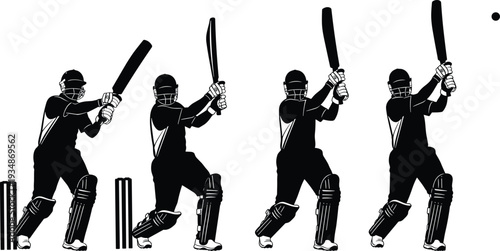 Cricket batsman silhouette sequence showing powerful batting action, sports motion concept illustration with player hitting ball, dynamic black figures isolated on white background