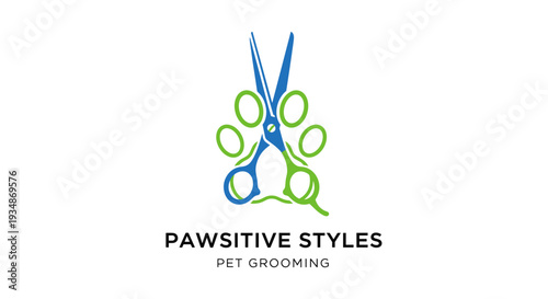 Pet Grooming Logo with Scissors and Paw.