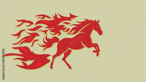 A dynamic red horse illustration with flowing mane running freely in a creative display of motion and energy