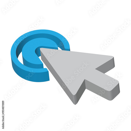 Large gray computer mouse pointer clicking on a blue circular icon, symbolizing user interaction and navigation on a digital interface from a 3D perspective
