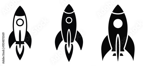 Three modern rocket icons in black and white for business and tech projects