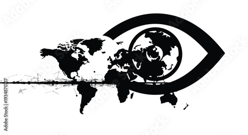 Global surveillance eye watching world map black silhouette illustration for security spy concept