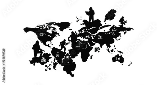 Black silhouette world map with travel tourism icons landmarks and symbols on white background for global adventure travel concept