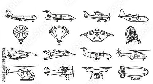 Air Vehicles Collection Line Art Vector Icons Set
(
