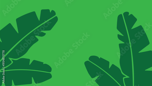 Green Tropical Leaves on Vibrant Green Background Minimalist Design