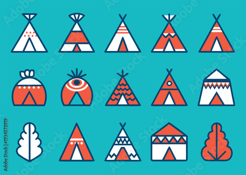 Fifteen unique tribal shelters and landscape elements including teepees and yurts arranged on a bright teal background in a vector icon set.