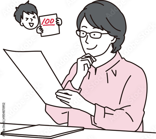 子供の成績アップに喜ぶ母親のイラスト素材
