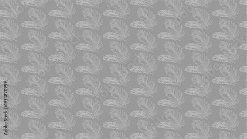 Seamless repeating pattern of white stylized feathers on a light gray background