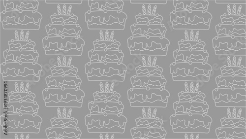 Repeating pattern of white outlined celebratory tiered cakes with candles on grey