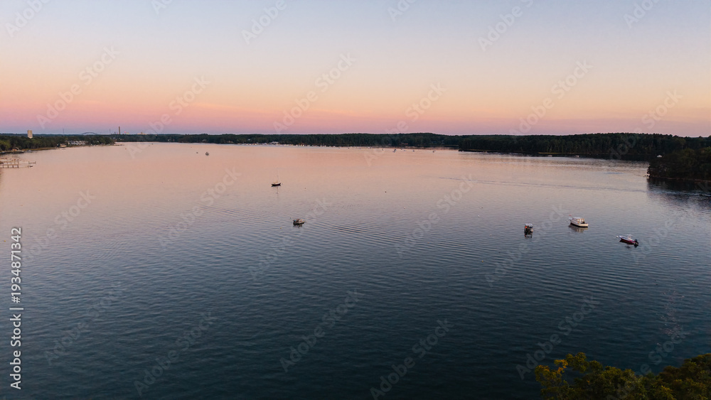Fototapeta premium Sunset aerial View of the Great Bay at the Scammell Bridge in New Hampshire