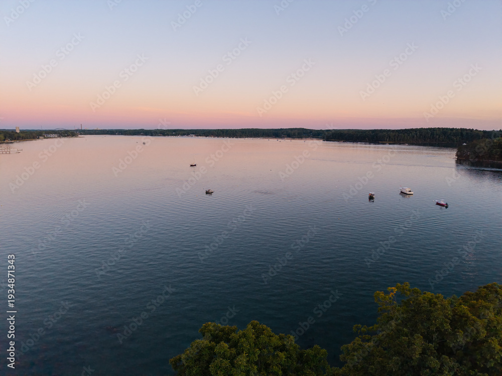 Fototapeta premium Sunset aerial View of the Great Bay at the Scammell Bridge in New Hampshire
