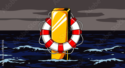 Protecting investments: A valuable gold ingot with a lifebuoy in dark, wavy water, illustrating financial stability, asset protection, and economic resilience.