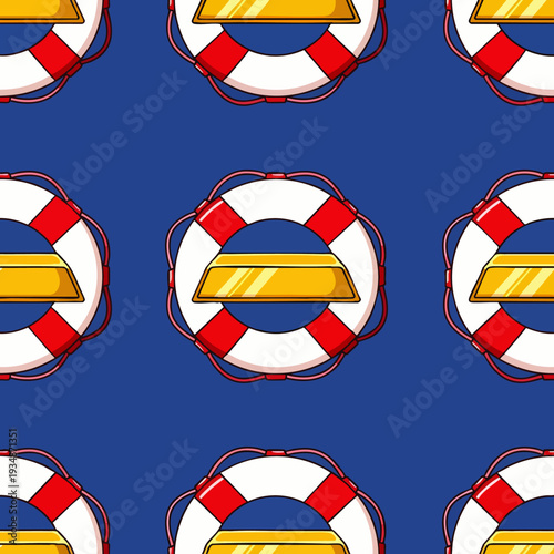 Seamless pattern of a gold bar inside a lifebuoy on a blue background, symbolizing financial security and rescue