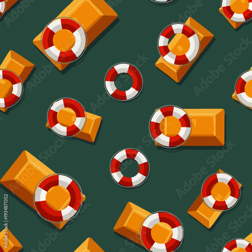 Seamless pattern of gold bars and lifebuoys, symbolizing financial rescue, security, and investment safety