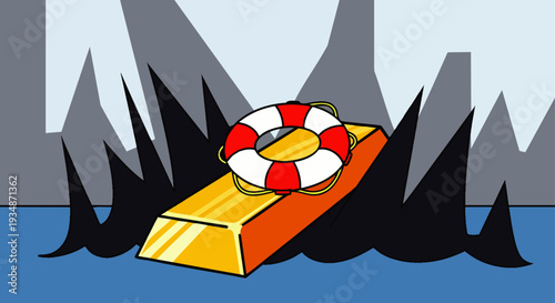 Gold bar with life preserver floating in water, symbolizing financial rescue or investment safety in uncertain times.