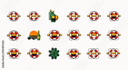 Lifebuoy and champagne bottle icons arranged in a grid pattern on a white background, symbolizing celebration and safety.