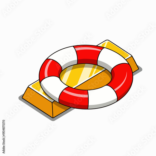 Lifebuoy on gold bars, symbolizing financial security, investment protection, and saving money during economic crisis