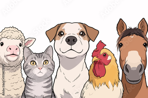 A group of animals stands side by side. The lineup includes a sheep, a dog, a cat, a chicken, and a horse. They are in a plain background.