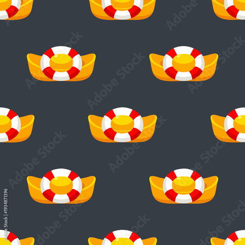 Seamless pattern of cartoon golden boats with lifebuoys on dark gray background, nautical theme illustration
