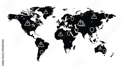 Global warning signs on world map illustration with international alert symbols for business and news concepts