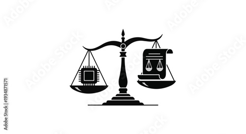 Justice technology law balance scale computer chip versus law book legal technology concept