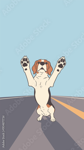A dog stands on its hind legs with paws raised on a quiet road during daytime. The sky is clear with few clouds.