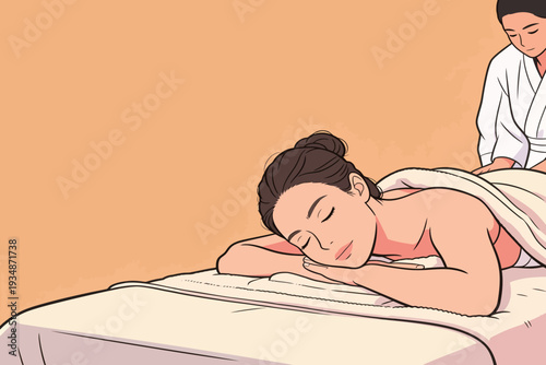 A woman lies on a massage table with a therapist applying massage techniques. The room has a simple design and warm colors.