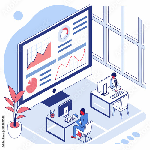 Business professionals analyzing data on large computer screen in modern office