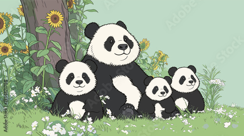 A mother panda and her three cubs relax on the grass surrounded by flowers and sunflowers on a sunny day.