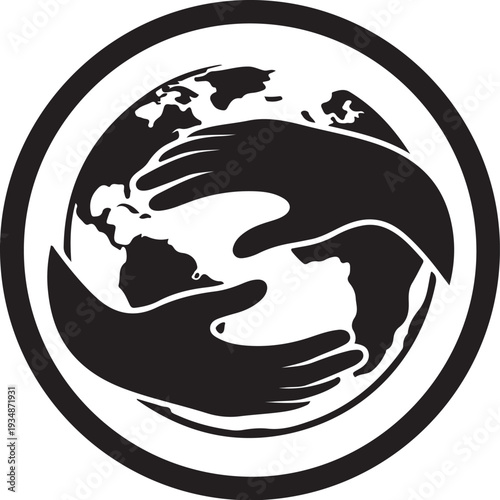 Hands embracing the Earth in a circular black logo