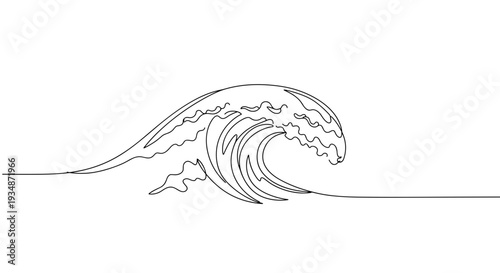 Clean line vector of a stylized ocean wave isolated on transparent background, featuring fluid curves and motion in black and white illustration style.