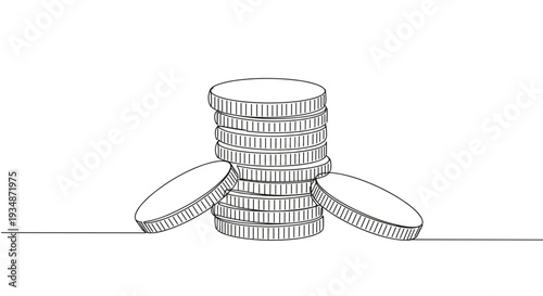 Clean line vector of stack of coins with two coins beside it on a transparent background representing financial growth and investment in a minimalist style