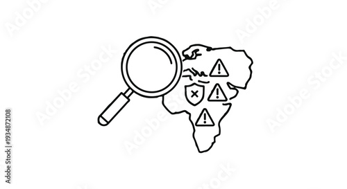 Africa map with magnifying glass and warning signs concept for security risk assessment and investigation