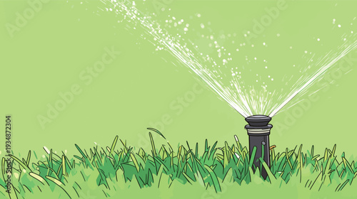 A sprinkler sprays water over green grass in a garden on a warm sunny day in summer. The garden looks fresh and vibrant.