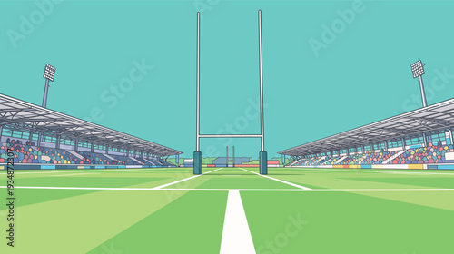 A rugby field shows goalposts in the center with empty stands on both sides of the field under a clear sky.