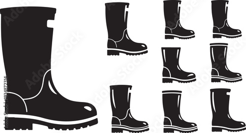 Collection of black rubber boots in various positions shown