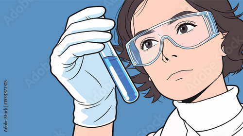 A scientist in a lab coat examines a test tube filled with blue liquid. The setting shows focused research work on experiments.