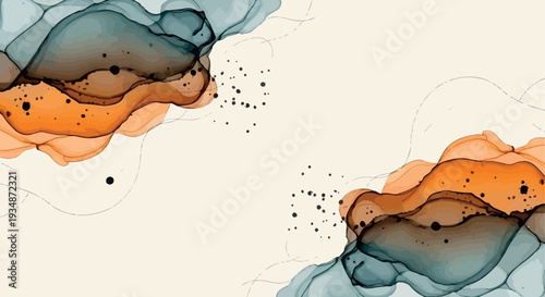 Abstract watercolor art background in earth tones, featuring fluid ink splashes and elegant gold line accents for decorative design