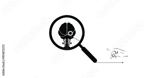 Magnifying glass with brain inside, investigation concept with running figure, analysis and mental health illustration