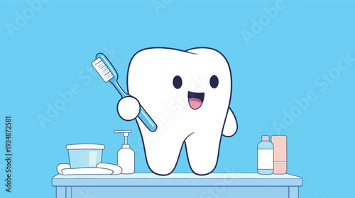A cartoon tooth character holds a toothbrush and smiles while standing at a bathroom sink with dental care items around.