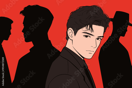 A young man looks directly at the viewer while shadows of other figures are behind him, set against a bright red background.