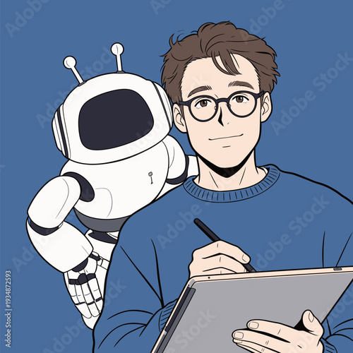 A person is focused on drawing with a sketchpad while a friendly robot stands nearby. They are in a bright room.