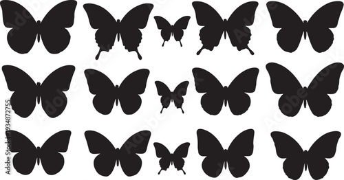 Collection of black butterfly silhouettes on white background