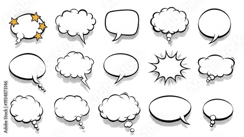 Retro empty comic speech bubbles set with black halftone shadows, vintage design pop art style vector for comic book graphics