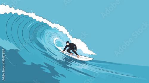 A surfer skillfully balances on a white surfboard while riding a big wave in the ocean under a clear blue sky.
