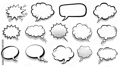 Retro empty comic speech bubbles set with black halftone shadows, vintage design pop art style vector for comic book graphics