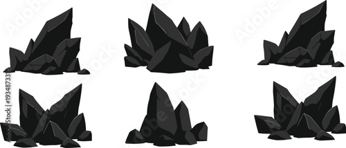 Black Rock Crystal Cluster Set Dark Stone Mineral Formation Cartoon Style Vector Illustration Collection
