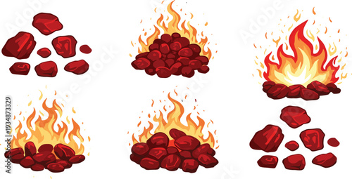 Burning Charcoal and Campfire Flames Set Hot Coal Fire Heat Cartoon Vector Illustration
